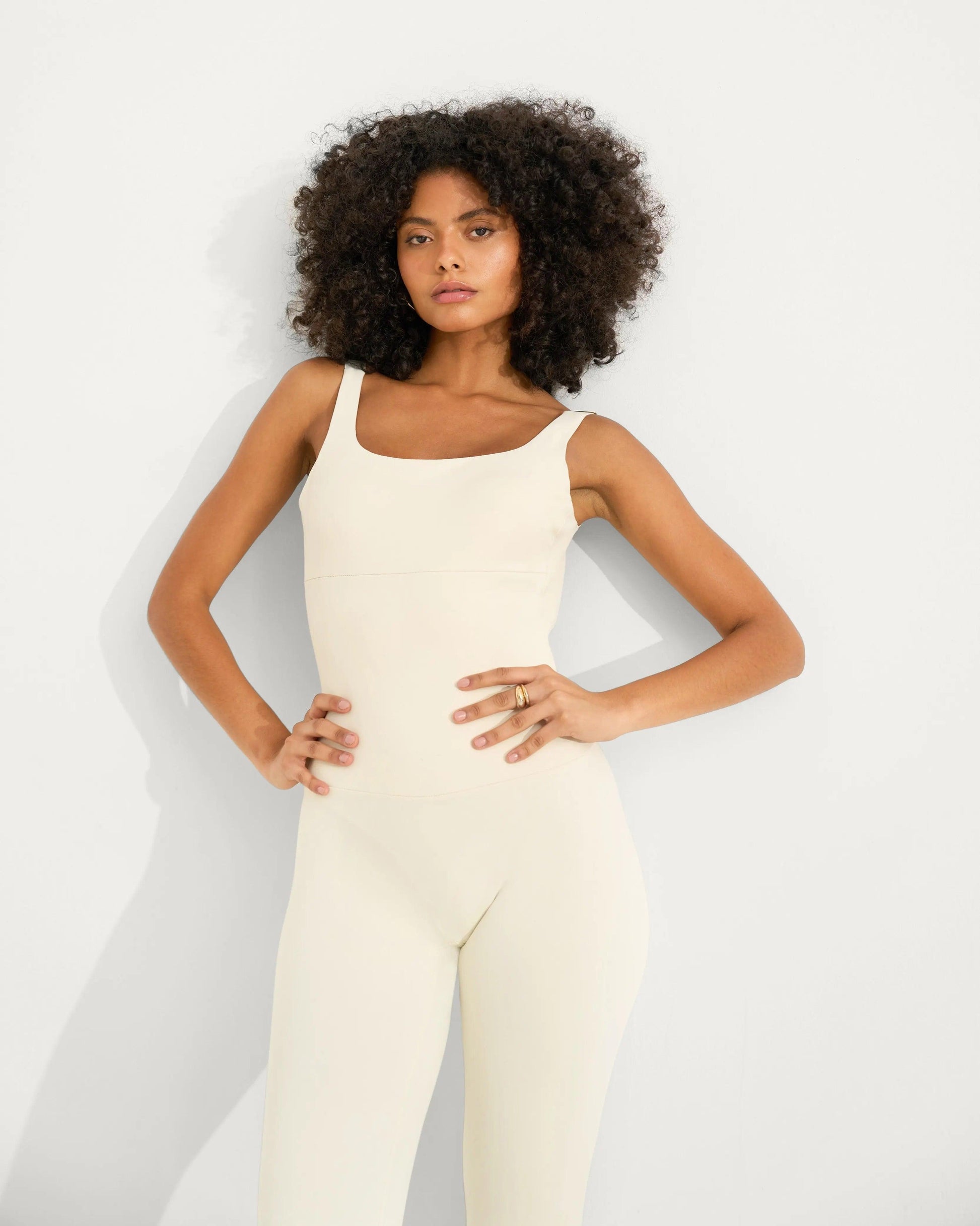 Anastasia Flared Leg Jumpsuit - Ivory - Amadawear.ae